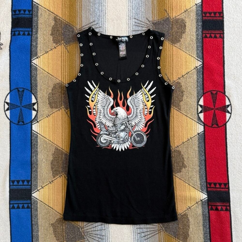 Women’s From Los Angeles Bus Stop Biker Tank Top Size Large Flames Grunge Skater